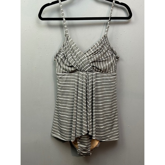 Garnet Hill Gray White Striped Swimsuit Tankini Top One Piece Size 10 - Picture 1 of 8